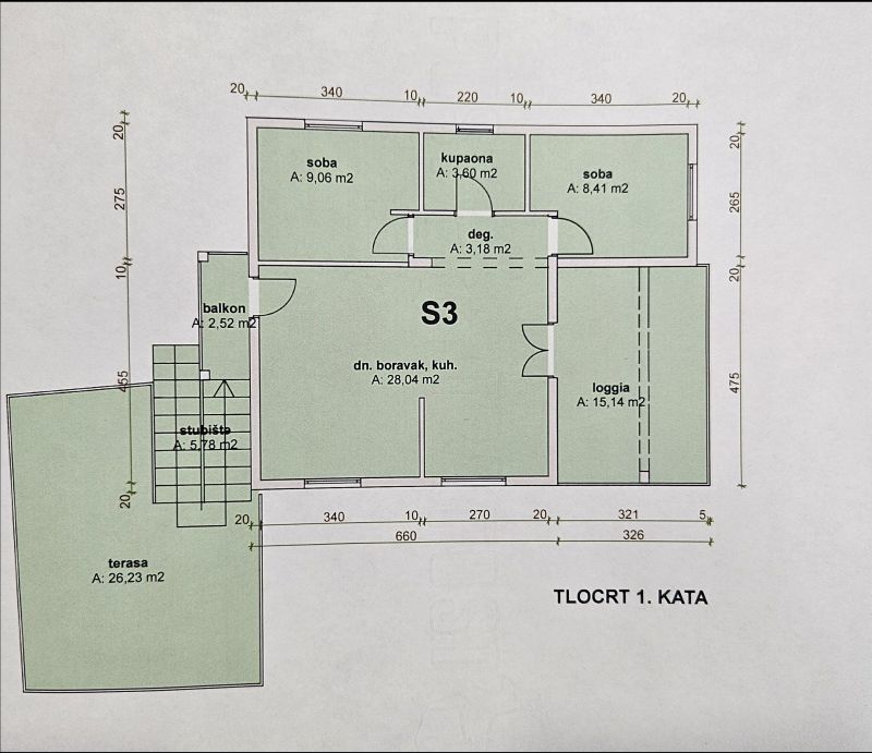 Tlocrt stana na Čiovu – raspored prostorija i terasa